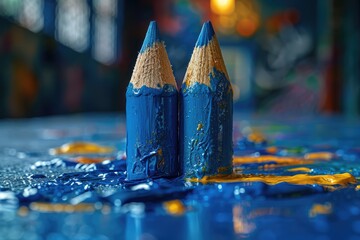 A row of colorful writing implements on a wooden table