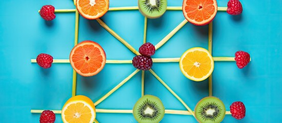 A fruity tic tac toe game arranged on a blue background promoting the idea of healthy eating The image features fruits and straws with a flat lay composition. with copy space image