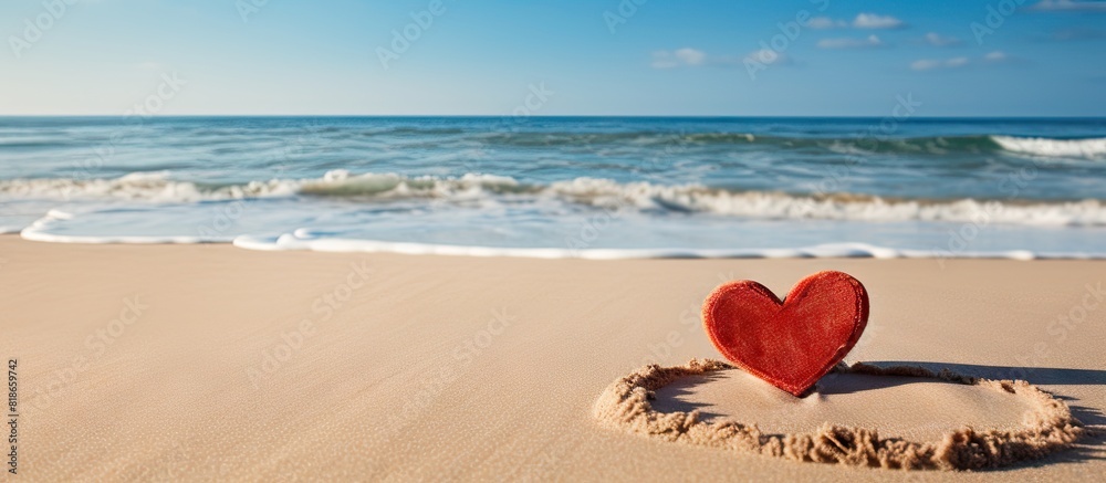 Poster a close up of a red wooden cutout in the shape of i love you is placed on the sandy beach representi