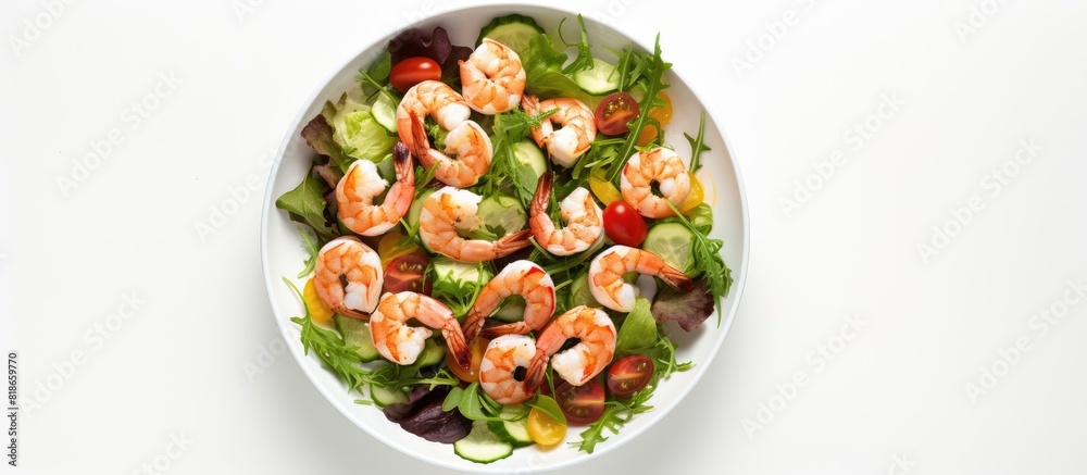 Poster A delicious and nutritious shrimp salad featuring prawns on a white background viewed from the top with copy space for additional elements