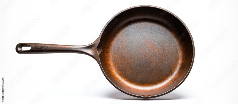 Poster a cast iron frying pan is shown in a copy space image against a white isolated background