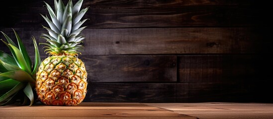 A pineapple sits on a rustic wooden surface creating an attractive copy space image