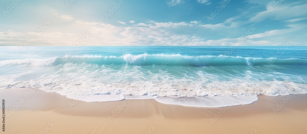 Poster a picturesque view of a sandy beach from above featuring light blue translucent waves and sun rays t