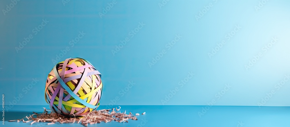 Poster copy space image of colored pencils and shredded paper ball placed on a light blue background accent