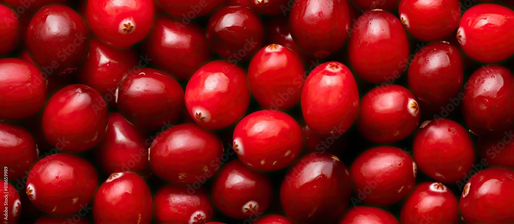 Poster A macro view of ripe red cranberries from a top down perspective capturing the vibrant colors and textures of the cranberries in a copy space image
