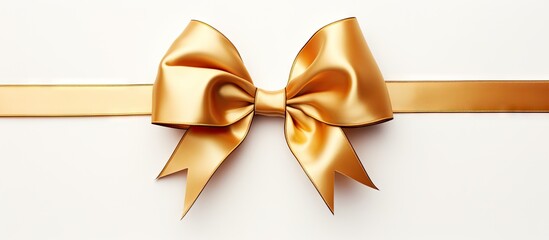 A gold ribbon bow with a festive touch standing alone against a white background in a copy space image