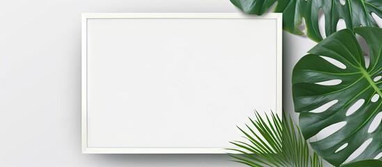 A gray background with a monstera leaf and an empty photo frame mockup Flat lay top view with copy space for text or images