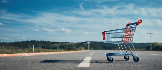 An image of an empty shopping cart is placed on the asphalt leaving ample space for text or other elements to be added