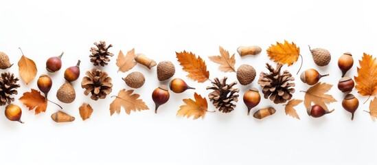 Copy space image of a panoramic flat lay composition featuring brown dead leaves and acorns symbolizing the essence of the golden autumn season