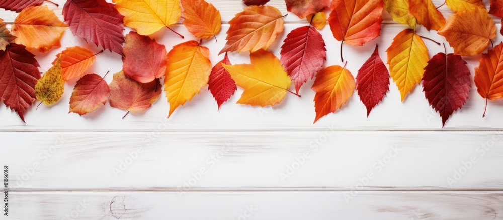 Poster autumn leaves provide a vibrant display on a white wooden table creating a stunning copy space image