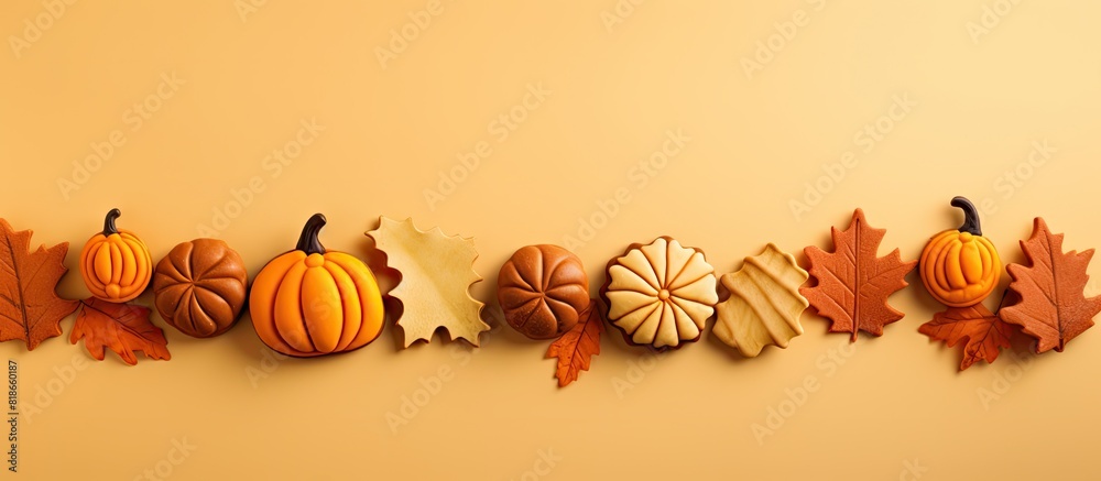 Poster a group of autumn themed gingerbread cookies on a yellow background featuring delightful shapes like