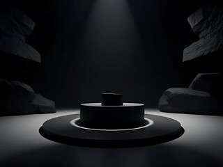 a dark circular podium with a black background, surrounded by rocks, high contrast, low saturation, in the center of the stage is an empty space for product display, creating mysterious shadows, illum
