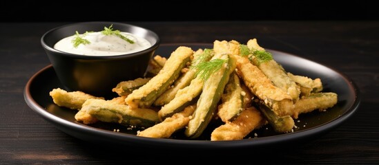 Fototapeta premium Healthy snacks like fried okra tempura with yogurt sauce can be a tasty option for those looking for a satisfying and nutritious bite. with copy space image. Place for adding text or design