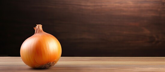 Close up copy space image of a fresh and ripe onion placed on a rustic wooden table providing ample space for adding text