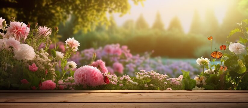 The morning garden background creates a vibrant and beautiful atmosphere behind the wood table top making it an ideal choice for a product s key visual layout 168 characters. with copy space image