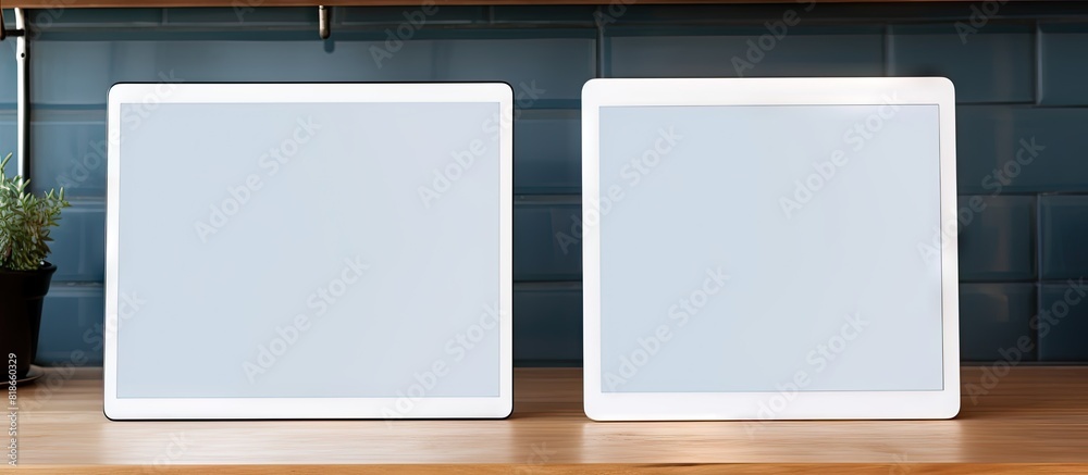 Aufkleber At the modern photographer s workplace there is a contemporary tablet computer displaying a blank screen for a copy space image