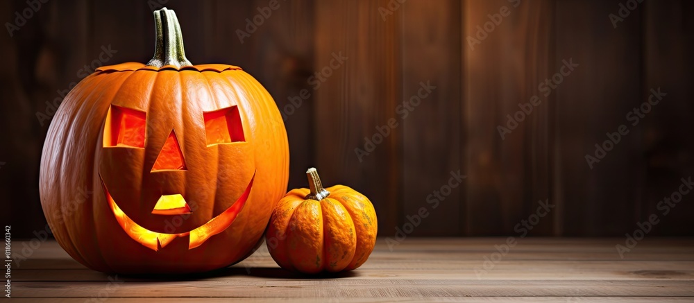 Aufkleber A Halloween pumpkin head jack o lantern placed on a wooden background providing ample copy space for displaying festive images