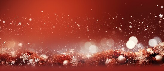 Fototapeta na wymiar A Christmas and New Year theme is depicted in an abstract image showcasing Christmas decorations snow snowflakes and stars against a delicate red backdrop with ample empty space for customization
