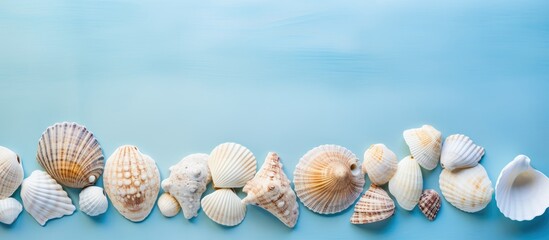 A photo of seashells on a blue background taken from a top down perspective would be a great summer vacation composition idea for a flat lay image with copy space