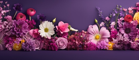 A breathtaking springtime display of vibrant flowers set against a captivating purple backdrop providing ample space for additional images