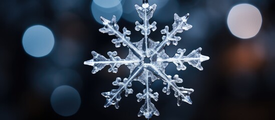 A plastic snowflake against a backdrop of dark Christmas lights providing ample space for images
