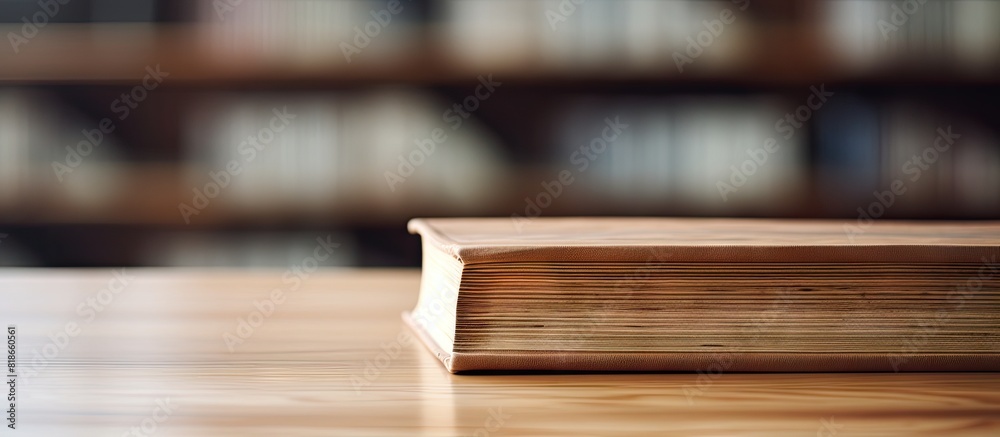 Aufkleber Closeup of a wooden book in a library with a blurred background The image has copy space for text