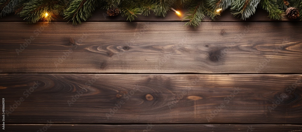 Poster dark wooden board with a christmas themed background featuring a fir tree and decoration leaving an 