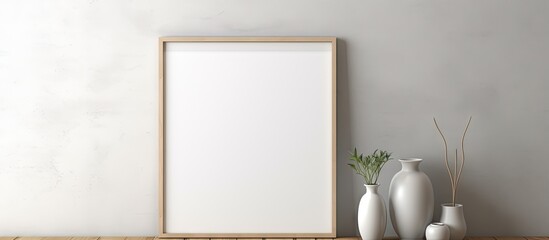 An interior design copy space image featuring a mock up of a picture frame with a blank artwork template