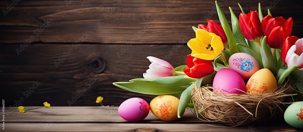 Aufkleber a festive easter scene with vibrant handmade eggs nestled in a nest along with a bouquet of tulips o