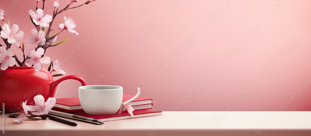 Poster Copy space image of a pink desk with a red diary notepad and tea cup on top The table is adorned with flowers creating a vibrant office workplace background