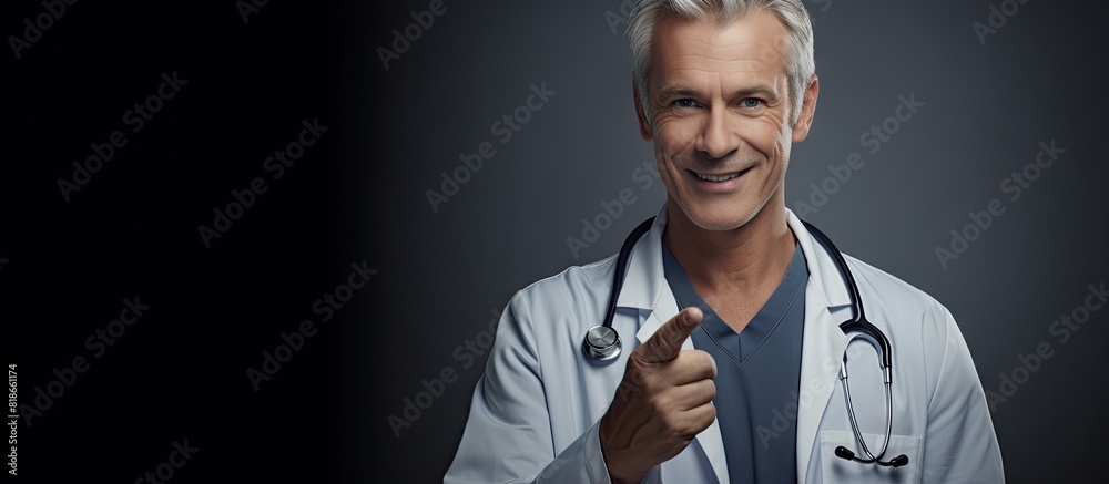 Aufkleber a middle aged man in a doctor s uniform with gray hair and a stethoscope smiles and presents while p