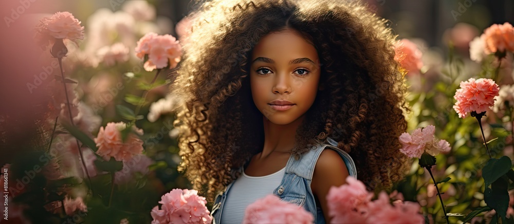 Poster A charming young girl with curly hair gracefully poses for a photo while strolling amidst vibrant flowers in a natural setting creating an image with ample copy space