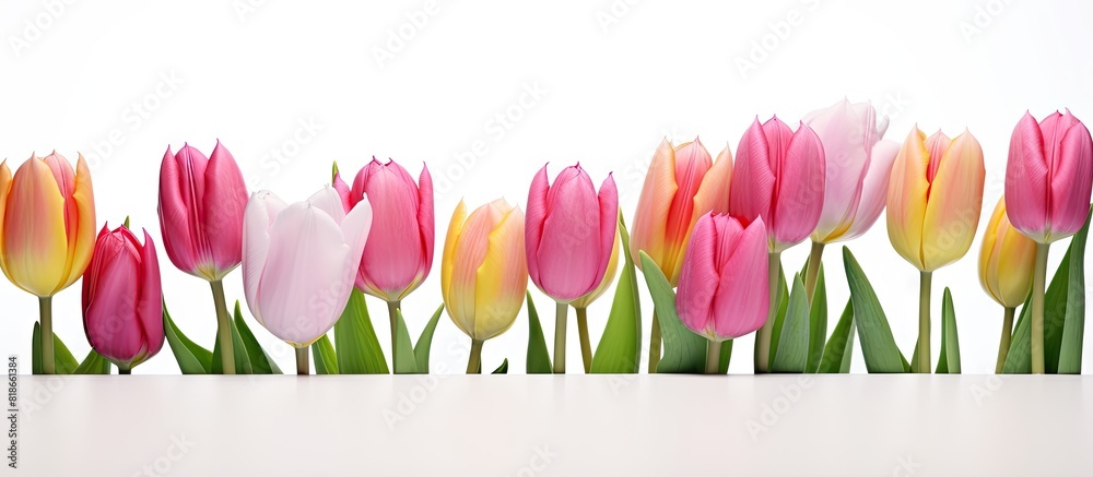 Poster Isolated tulip flowers on a white background create a copy space image perfect for adding your own text