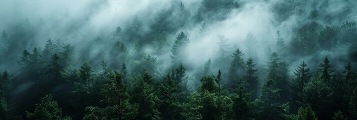 Mysterious Foggy Forest Landscape from Above Generative AI