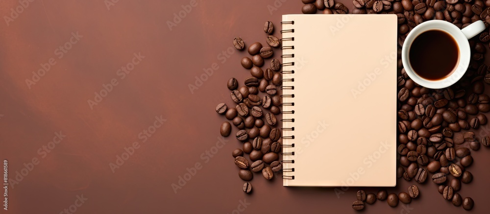 Poster Isolated copy space image of vintage blank notebook with coffee beans and soap
