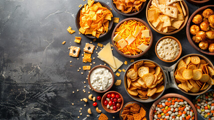 Melted cheese with different snacks on grey background