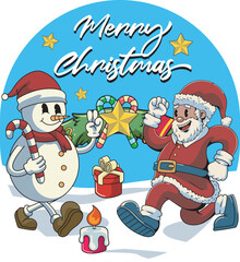Merry Christmas and Happy New Year Sticker Cute Cheerful Snowman and Santa Claus in Trendy Groovy Retro Cartoon Style Illustration Vector