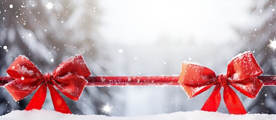 A festive image of a Christmas tree limb adorned with cheerful red plastic bows stands against a beautiful snowy background creating a charming Christmas border. with copy space image