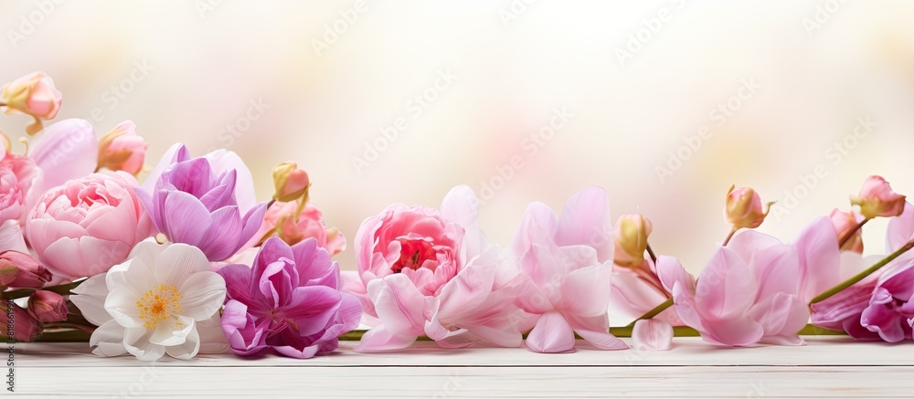 Poster there is a blurry abstract background with a copy space image showcasing beautiful flowers on a wood