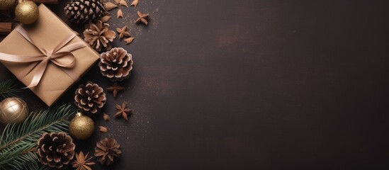 Flat lay copy space image of a Christmas composition with a festive tree adorned with pine cones star anise and surrounded by cardboard boxes There are also gifts and fir branches in the scene