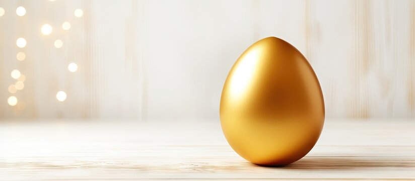 A golden Easter egg placed on a white wooden background creating a visually appealing copy space image 103 characters