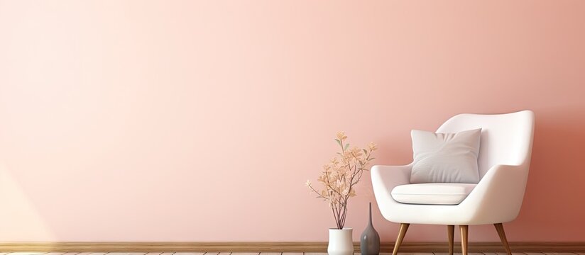 In the interior living room there is a white armchair that is both comfortable and inviting The room features a pastel pink wall providing a perfect backdrop for a copy space image The overall interio