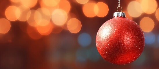 A Christmas ball hangs on a mesmerizing background composed of blurred Bokeh lights. with copy space image. Place for adding text or design