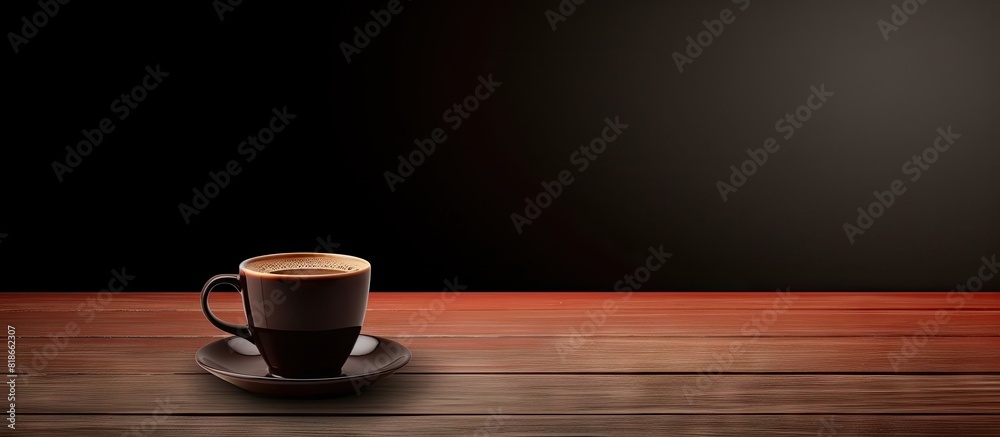 Poster There is a black cup of coffee placed on the table with empty space for image. with copy space image. Place for adding text or design
