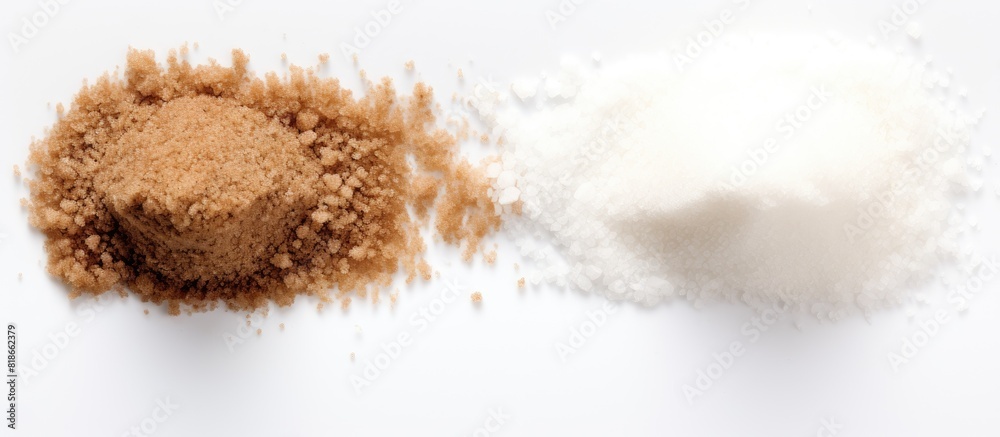 Fototapete An overhead view of white and brown sugar isolated on a white background with empty space around it for other elements in the image. with copy space image. Place for adding text or design