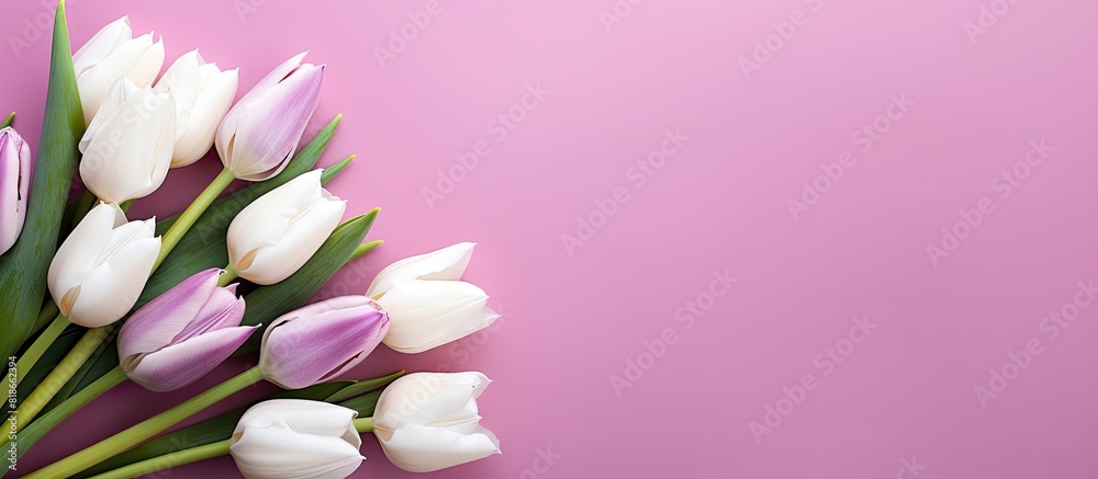Fototapete a collection of purple and white tulips arranged in a bouquet is shown from above placed on a pink b