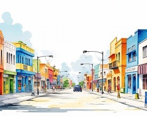 Fototapeta premium Colorful illustration of a vibrant city street with charming buildings, pedestrians, and streetlights under a clear sky.
