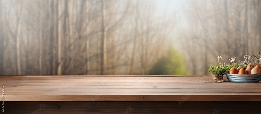Poster empty wooden desk with free space for your easter egg decorations brown window provides a serene bac