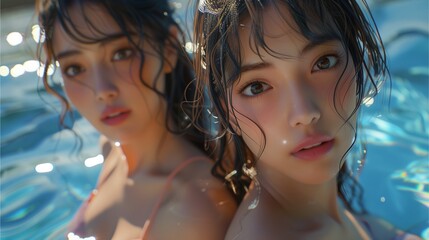 Two girls and two women enjoy time in the pool together, showcasing beauty, friendship, and smiles They reflect in the studio mirror, embodying love and fashion, with a touch of adolescence and divers