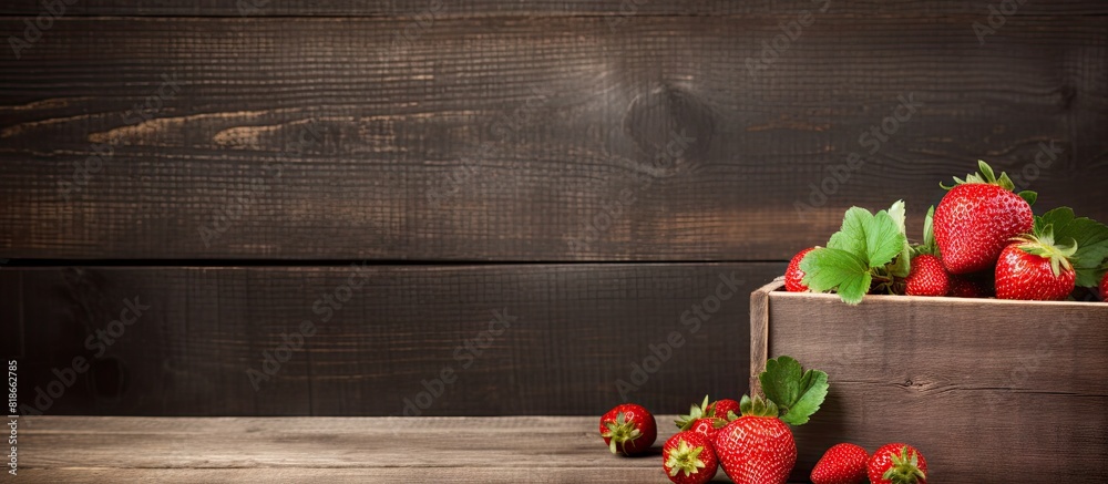 Poster a fresh organic strawberry sits in a small wooden box on an aged wooden backdrop with ample space fo